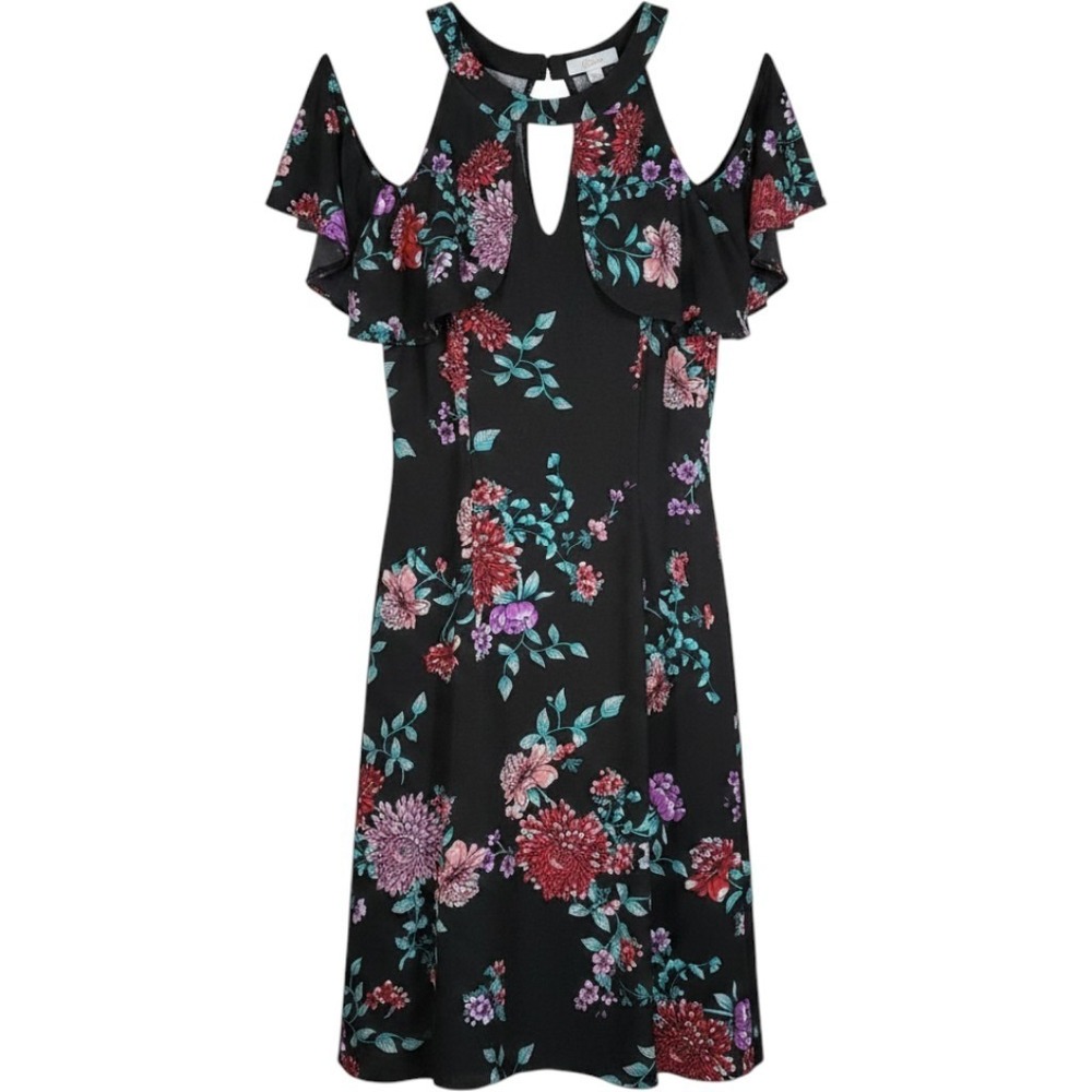 Candie's Women XL Floral Dress Black Cold Shoulder Keyhole Ruffle Boho